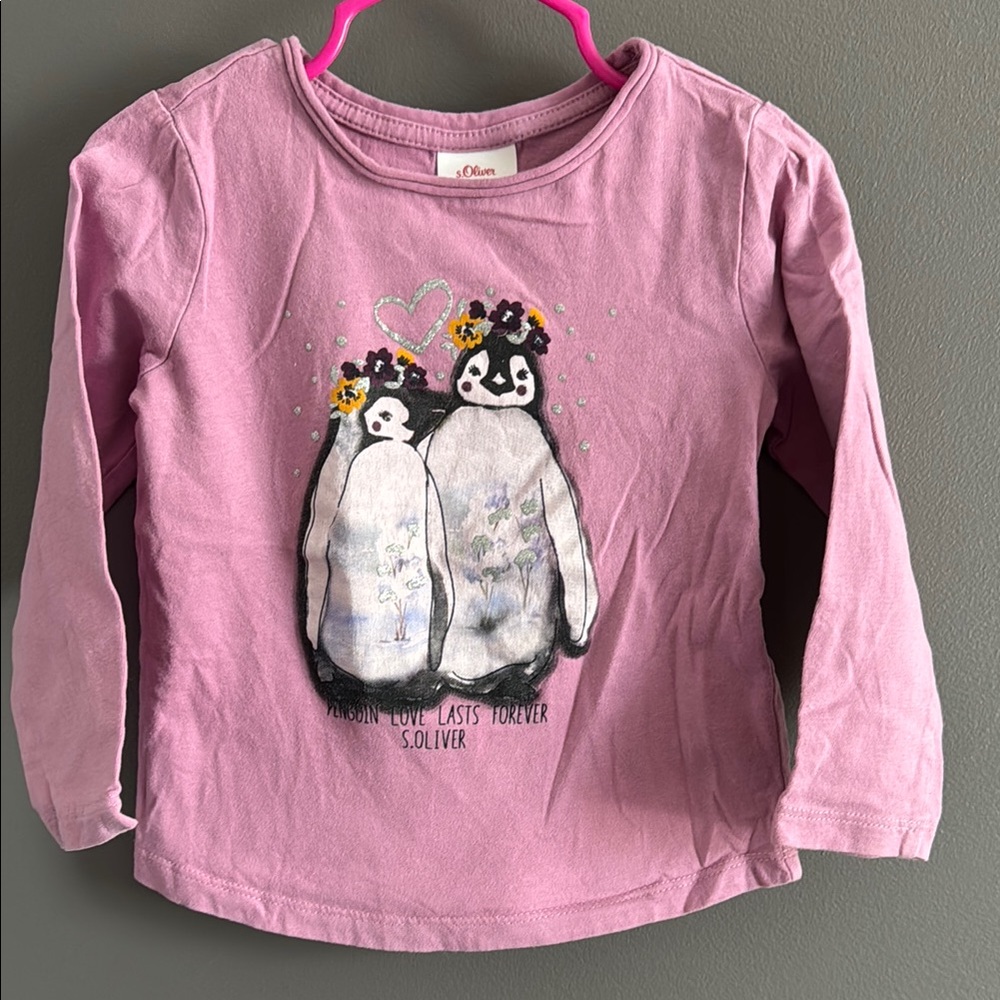 Pink Long Sleeve Tee with Penguin Graphic